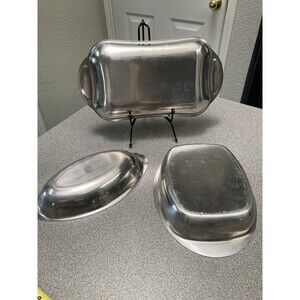 Lot of 3 Vtg  Oval Rectangular  Serving Tray Stainless Steel Mid Century Modern